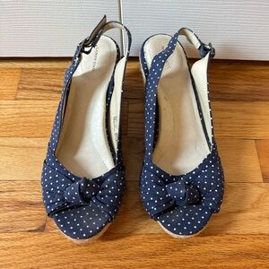 Land’s End Navy Polka Dot Slingback Wedge Sandals women’s Sz 6